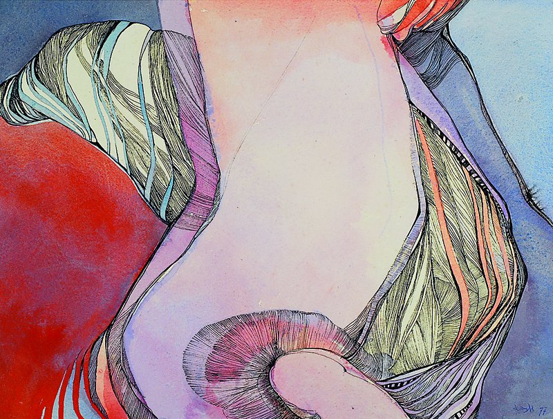 Patrick Loste, geb. 1955, abstrakt-surreale Komposition, Tusche/Aquarell auf Papier, sign. u. dat. 77, ca. 30x42cm