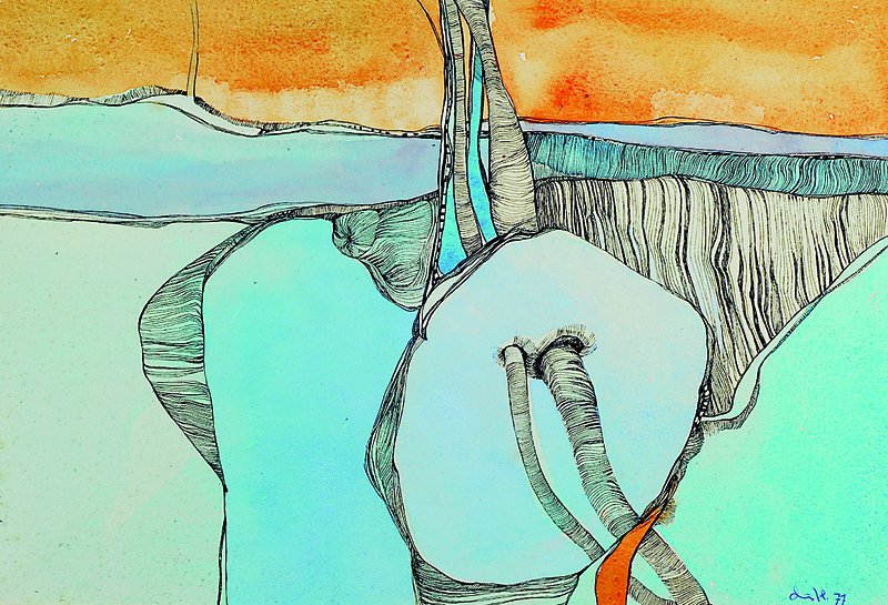 Patrick Loste, geb. 1955, abstrakt-surreale Komposition, Tusche/Aquarell auf Papier, sign. u. dat. 77, ca. 30x42cm