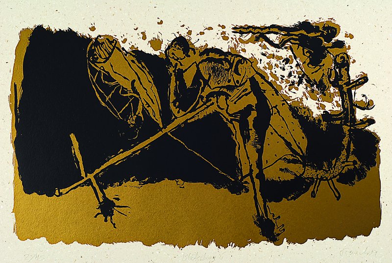 Neo Rauch, geb. 1960, Serigraphie auf grobfaserigem dickem Halbkarton, 1991, handsigniert und num. 2/15, Blattgr. ca. 45x62 cm
