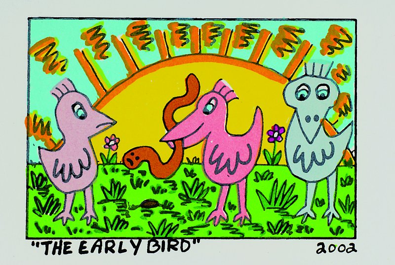 James Rizzi, 1950-2011 New York, "The early bird", Original Farblithographie von 2002 auf Bütten, ca. 5,5x7,5 cm, Blattgr. ca. 11,5x14 cm