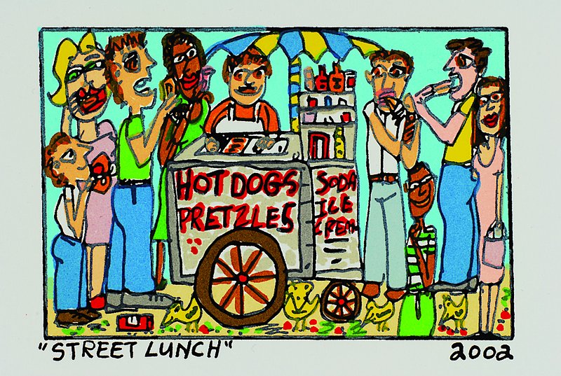 James Rizzi, 1950-2011, "Street lunch", Original Farblithographie von 2002 auf Bütten, ca. 5,5x7,5 cm, Blattgr. ca. 14x14 cm
