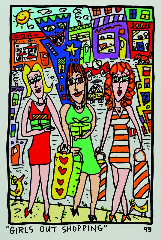 James Rizzi, 1950-2011, "Girls out shopping", Original Farblithographie von 1995 auf Bütten, ca. 26,5x17 cm, Blattgr. ca. 34,5x24,5 cm