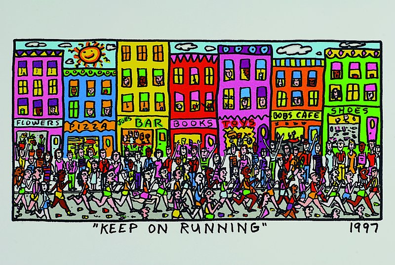 James Rizzi, 1950-2011, "Keep on running", Original Farblithographie von 1997 auf Bütten,ca. 14,5x27,5 cm, Blattgr. ca. 22,5x35 cm