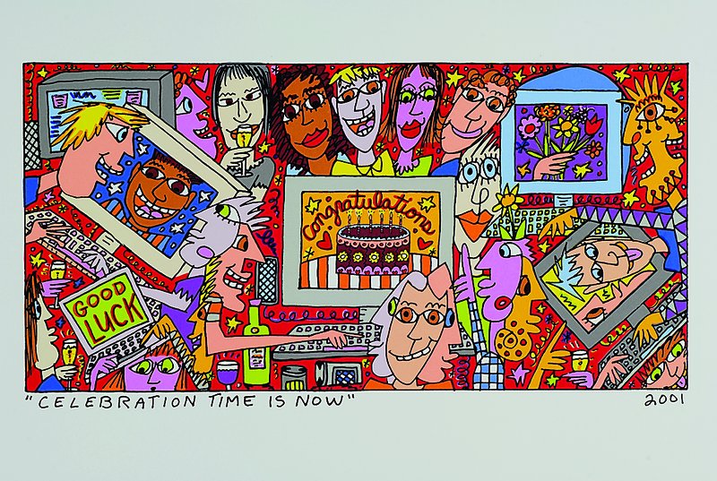 James Rizzi, 1950-2011, "Celebration time is now", Original Farblithographie von 2001 auf Bütten, ca. 14,5x28,5 cm, Blattgr. ca. 22,5x36cm