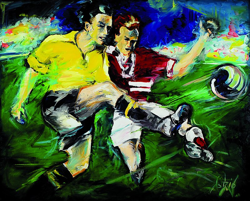 Unbekannter zeitgenössischer Maler, zwei Fußballspieler in Aktion, Öl/Lwd, rechts unten unleserlich signiert, ca. 80x100 cm, Rahmen