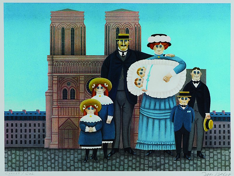 Jan Balet, 1913-2009, naiver Künstler, Studium bei Olaf Gulbransson, mehrere Ausstellungen im In- und Ausland, Farblithographie, hier: Familie vor ...