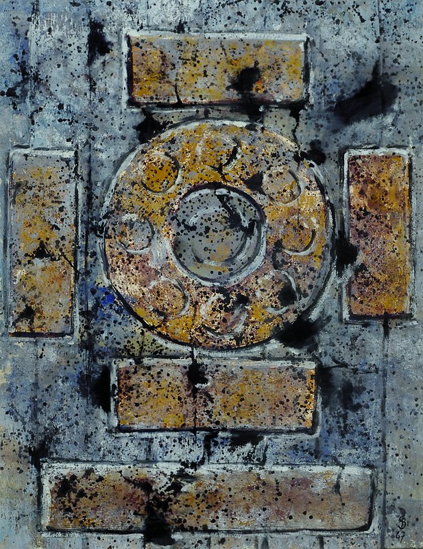 Baukhage, Gerd, 1911-1998, Steinscheiben, Mischtechnik auf Papier, rechts unten monogrammiert und datiert 67, ca. 63x48cm, PP, unter Glas, Rahmen