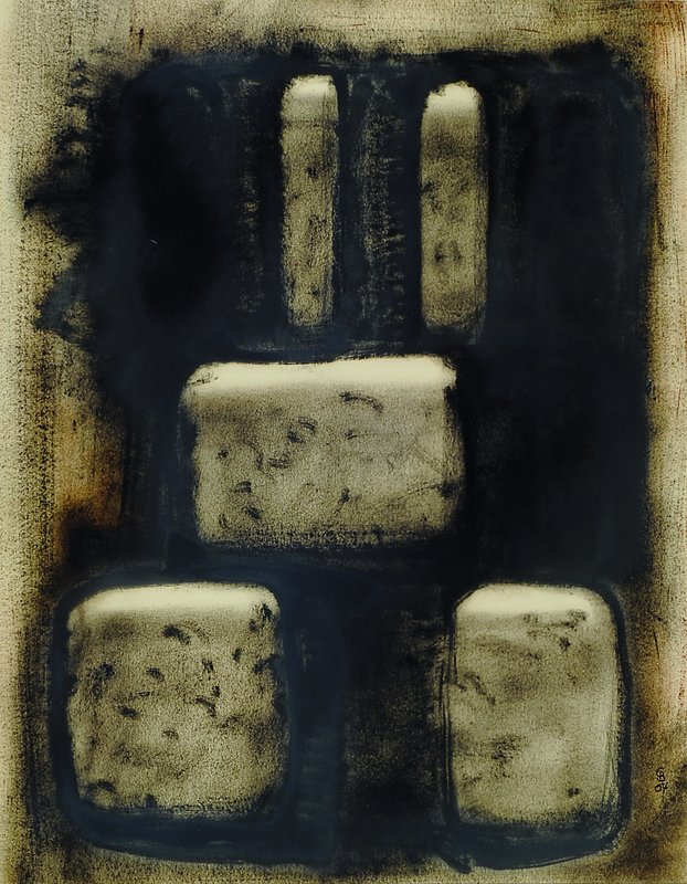 Baukhage, Gerd, 1911-1998, Mauer, Mischtechnik auf Papier, rechts unten monogrammiert und datiert 64, ca. 60x48cm, PP, unter Glas, Rahmen
