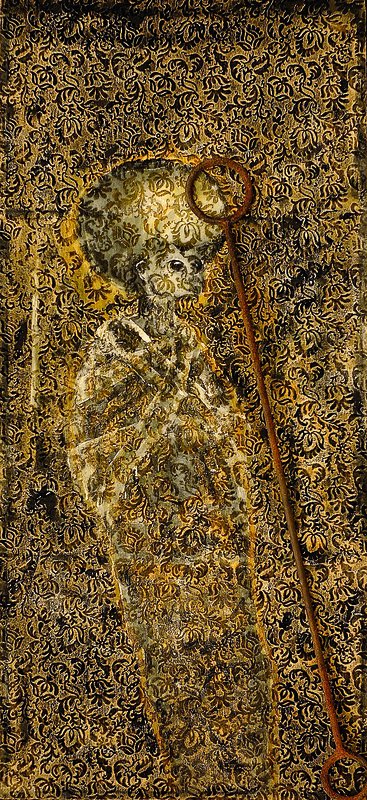 Weber, Hermann, geb. 1956 Biberach, Echnaton begegnet Leonardo da Vinci, Öl- Tempera auf Stoff, verso signiert, ca. 220x100 cm
