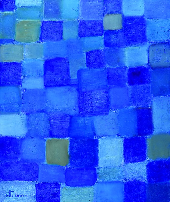 Lucien Sotto, zeitgenössischer belgischer Künstler, abstrakte Komposition in Blautönen, Öl/Lwd., signiert, ca. 60x50 cm