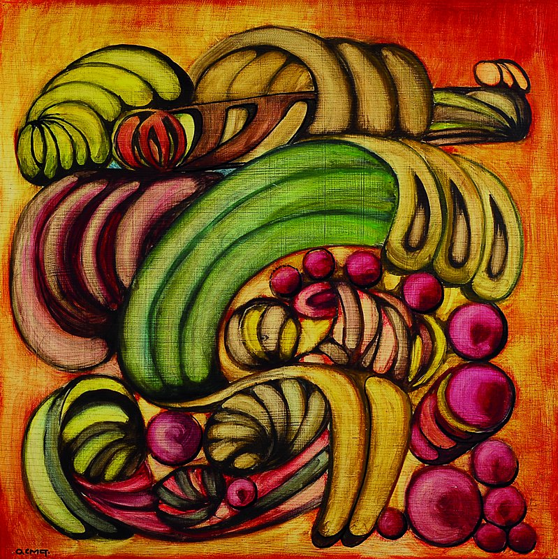 Cmet Omer, zeitgenössischer Künstler, "Opium", abstrakte Komposition, Öl/Holz, signiert, ca. 50x50 cm