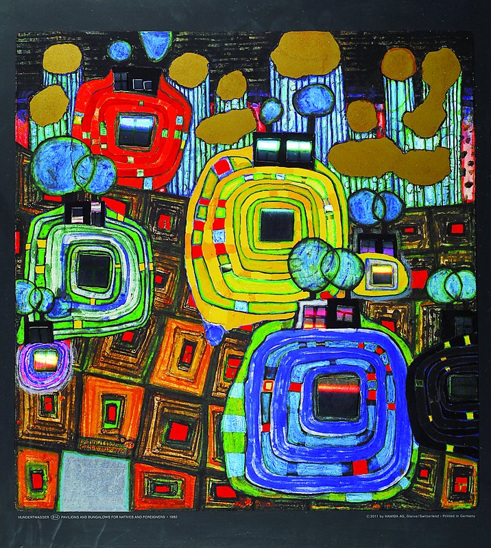 Friedensreich Hundertwasser, 1928-2000, "Pavilions and Bungalows", Kunstdruck mit Metallfolienprägung, Blattgr. ca. 48,5x45,5 cm, unter ...