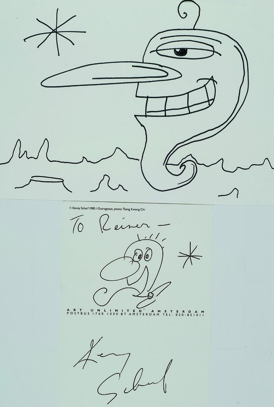 Kenny Scharf, geb. 1958, zwei Zeichnungen, davon eine handsigniert, eine mit Widmung: "To Reiner" auf der Rückseite eines ...