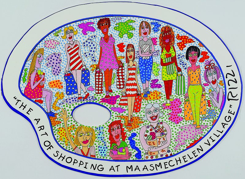 James Rizzi, 1950-2011 New York, the art of shopping at Massmechelen Village, Siebdruck- Palettenobjekt, handsigniert, unter Glas gerahmt, D.ca. 40cm
