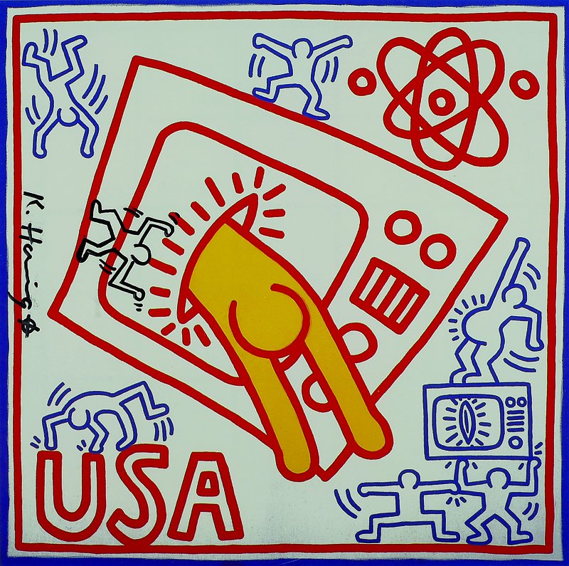 Keith Haring, 1958 Reading - 1990 New York, Farboffsetgrafik, handsigniert mit einer Zeichnung, Passepartout, unter Glas gerahmt, ca. 27x29cm