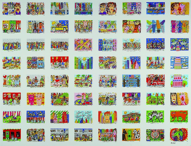 James Rizzi, 1950-2011 New York, Offsetdruck, Darstellung mit verschiedenen Rizzi-Motiven, handsigniert, datiert (19)90, unter Glas gerahmt, ca. ...