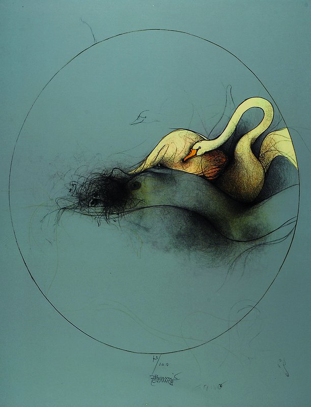 Bruno Bruni, geb. 1935 Gradara, Leda col cigno II, handsigniert und nummeriert 43/100, WVZ 152, Blattgr. ca. 66x50 cm, unter Glas gerahmt