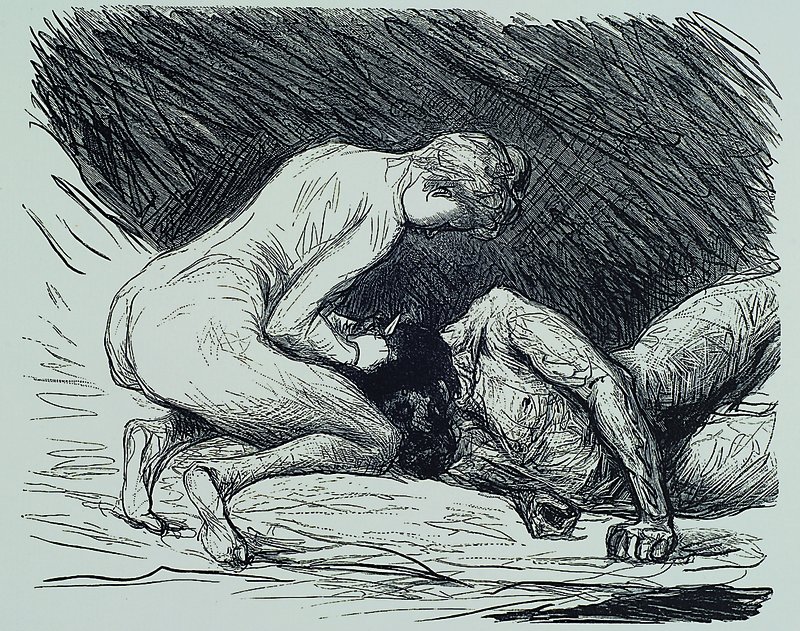 Detail a: Max Liebermann, 1847-1935, zwei Holzschnitte auf Bütten aus: 30 Holzschnittzeichnungen, "Simson und Delila", Blattgr. ca. 38x29 cm, PP, ...