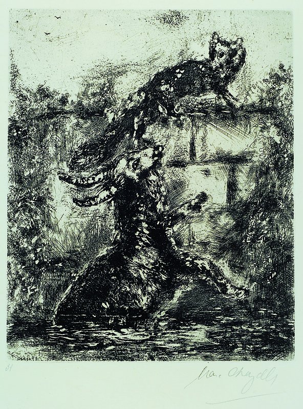 Marc Chagall, 1887-1985, Radierung, Illustration zu Les Fables de Lafontaine, Nr.31, rechts unten handsigniert, ca. 29x23cm, unter Glas, Rahmen