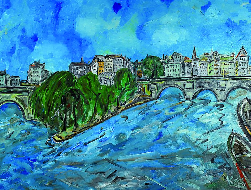 Wilja Keck, 1949-2004, Rüpurrer Kunstmaler, Ansicht von Paris, Öl/Malkarton, ca. 60x80 cm, Rahmen besch.