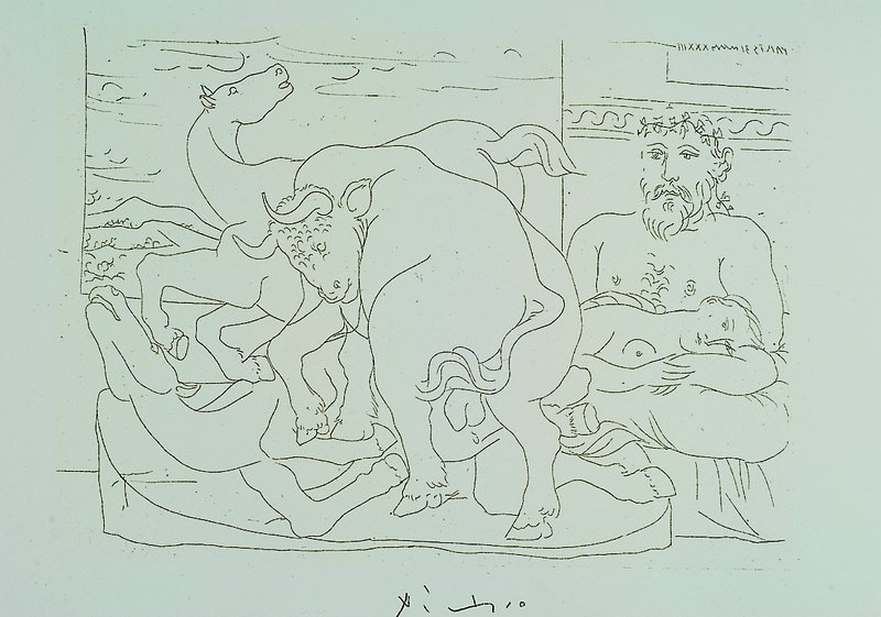 Reproduktion nach Pablo Picasso, 1881-1973, "Ruhender Bildhauer vor der Gruppe des gegen Pferde kämpfenden Stieres", Lithographie nach der ...