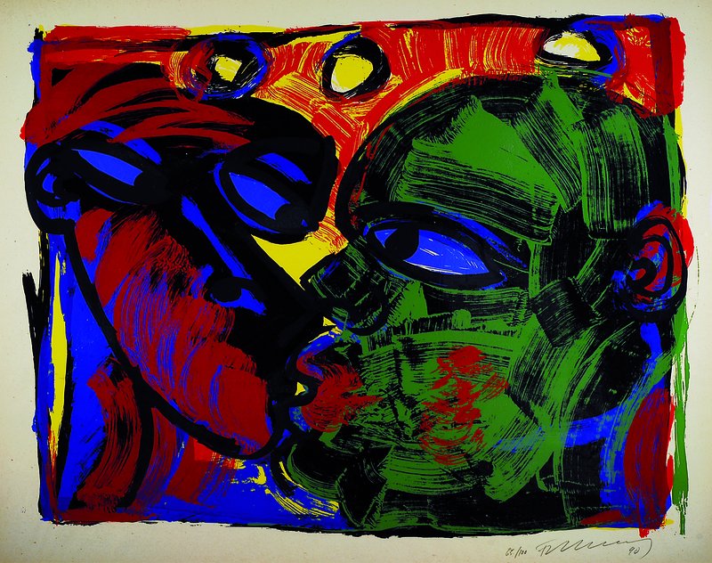Rainer Fetting, geb. 1949, Der Kuss, Farbserigraphie, handsigniert und nummeriert 65/100, datiert 90, ca. 76.5x96.5 cm, unter Glas gerahmt