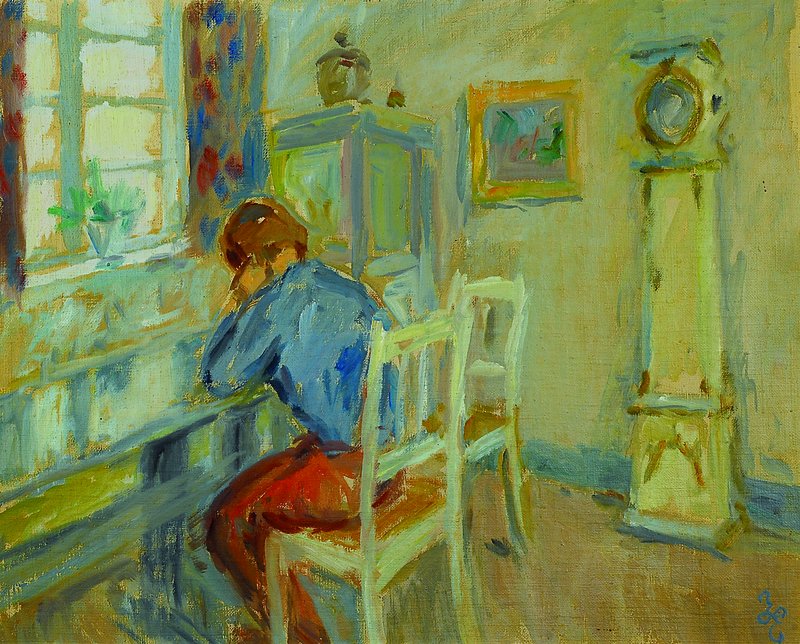 Hans Eriksen, 1912-1982, dänischer Künstler, hier: Interieur mit Person, Öl/Hartfaser, signiert, 42.5x53 cm, Rahmen