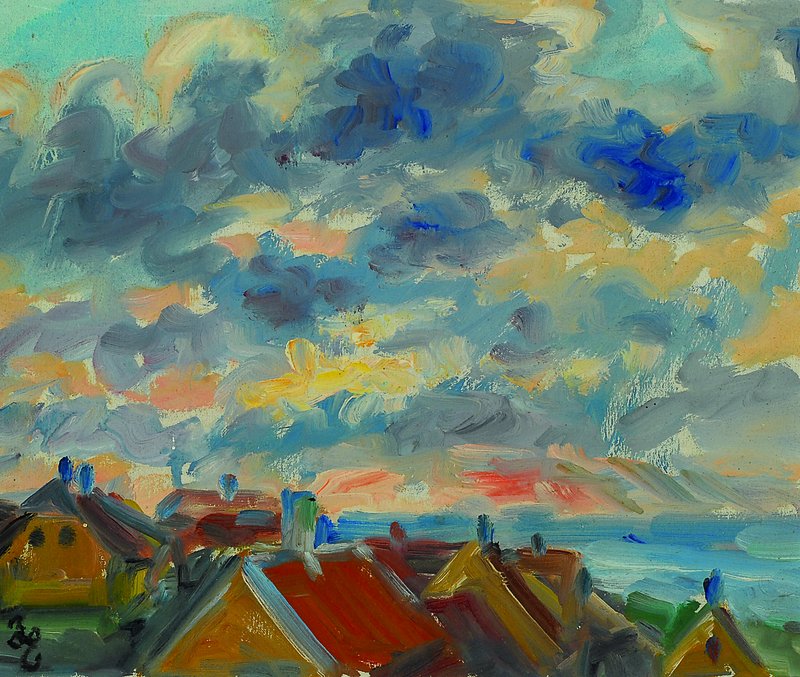 Hans Eriksen, 1912-1982, dänischer Künstler, hier: Wolkenlandschaft über Dächern, Öl/Hartfaser, signiert, ca. 26x30.5 cm, Rahmen
