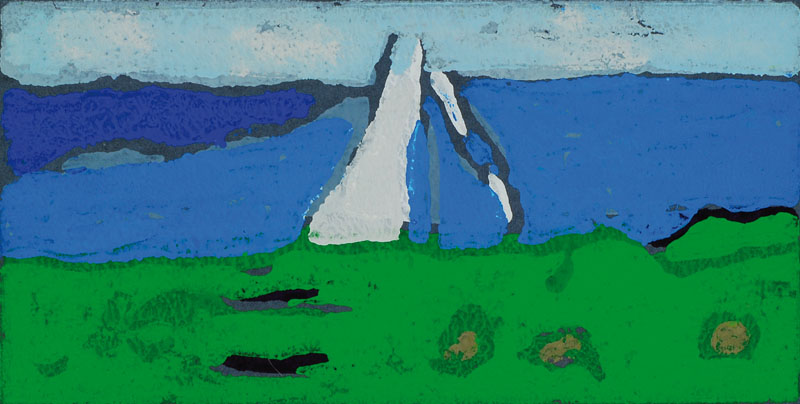 Klaus Fussmann, geb. 1938 Velbert, Farblinolschnitt, Segler vor Birk, handsigniert und nummeriert 32/200, Blattgr. ca. 14,5x17 cm