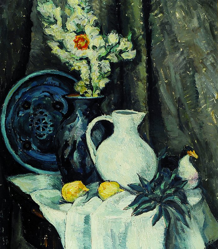 Leopold Durm, 1878-1918, Stillleben mit Vase, Kanne und Teller, Magnolienzweig und Zitronen, Öl/Lwd, rechts unten signiert, ca. 70x60cm, Rahmen