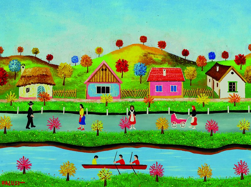 Detail a: Falusi, zeitgenössischer naiver Künstler, 3 Arbeiten: Beim Füttern der Hühner, Ruderer auf dem Fluss, Essen in der guten Stube, Öl/Hartfaser, ...