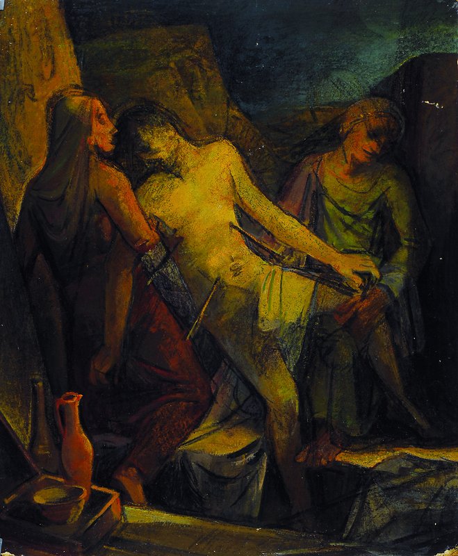 Carl Schwalbach, 1885-1983, 2 Arbeiten: im Bade, Öl/Malkarton, links unten signiert, ca. 60x40cm, Kreuzabnahme, Öl/Malkarton, unsigniert, ca. ...