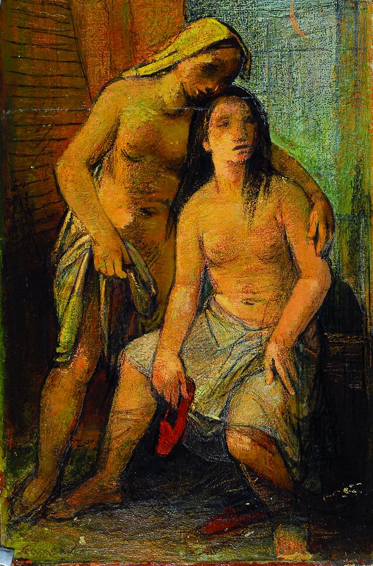 Detail a: Carl Schwalbach, 1885-1983, 2 Arbeiten: im Bade, Öl/Malkarton, links unten signiert, ca. 60x40cm, Kreuzabnahme, Öl/Malkarton, unsigniert, ca. ...
