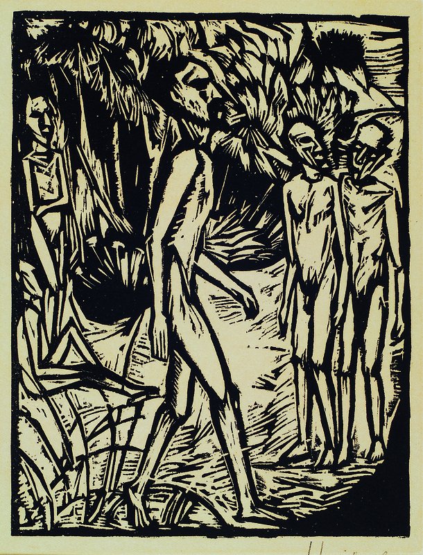 Erich Heckel, 1883-1970, Männer am Strand, Holzschnitt von 1919, rechts unten handsigniert, ca. 17x13cm, leicht gebräunt