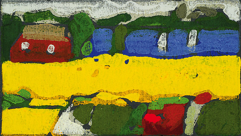 Klaus Fussmann, geb. 1938, Farblinolschnitt,Raps bei Ekenisfeld, signiert und nummeriert 161/200, Blattgr. ca. 13x15 cm