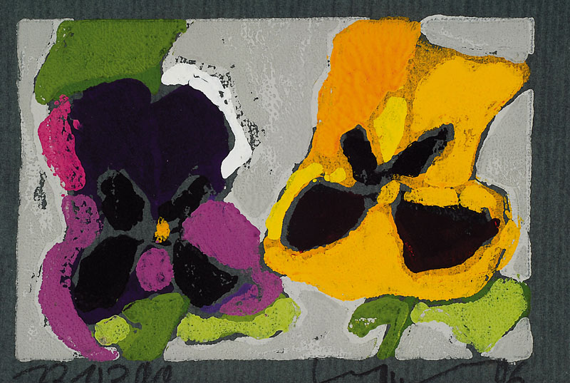 Klaus Fussmann, geb. 1938, Farblinolschnitt, Stiefmütterchen, signiert und nummeriert 131/200, Blattgr. ca. 15,5x20,5 cm
