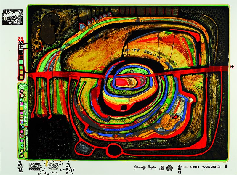 Friedensreich Hundertwasser, 1928-2000, Farbserigraphie, "Die fünfte Augenwaage", Blatt aus der Regentagmappe, drucksigniert und ...