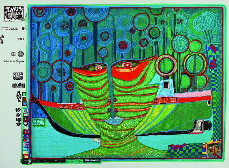 Friedensreich Hundertwasser, 1928-2000, Kolumbus Regentag in Indien, Farbsiebdruck mit Metallfolienprägung, drucksigniert, num. 42/3000, ...