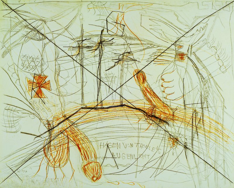 Jonathan Meese, geb. 1971, "Hallelujah", Farbradierung auf Bütten, handsigniert, rückseitig gestempelt von Griffelkunst 2007, ca. 40x49.5 ...