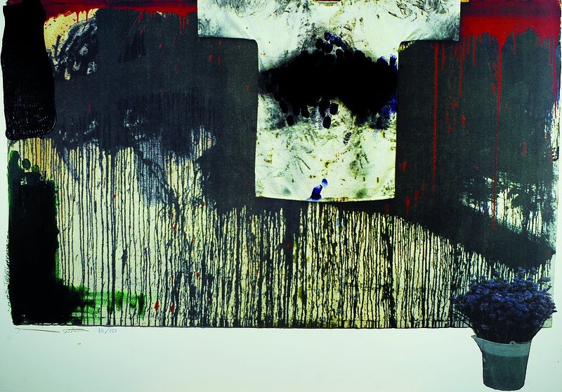 Hermann Nitsch, geb. 1938, Farblithographie handübermalt mit Acryl, Aquarell-Fedrigoni Papier auf Untergrundkarton fixiert, 1991, handsigniert und ...