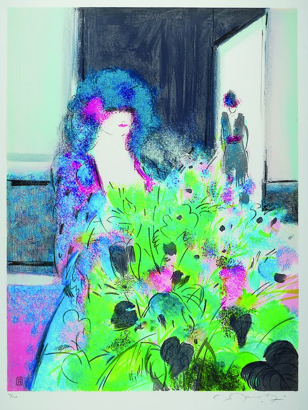 Claude Manoukian, geb. 1936, "Femme et fleurs", Farblithographie auf Bütten, handsigniert und nummeriert 20/170, ca. 66x50 cm, Blattgr. ...