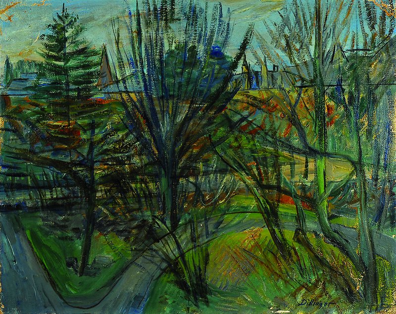 Karl Dillinger, 1882-1941, Bäume am Weg, Öl/Lwd, expressive Malerei, zwei kleine Lwd-Schäden, mehrere Farbschäden, rechts unten signiert, ca. ...