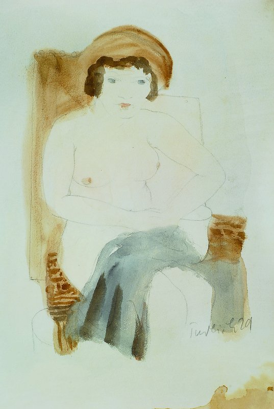 Robert Pudlich, 1905-1962, sitzender Akt, den Schoß mit Tuch bedeckend, signiert und dat. 29, Papier auf Karton, umlaufend mit Klebespuren ...
