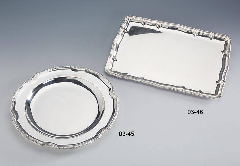 Rechteckiges Anbiettablett, 835er Silber, Wilkens/Bremen um 1960, Modell: ChippendaleRand 4-fach getreppt, ca. 36 x 25 cm, ca. 767 g