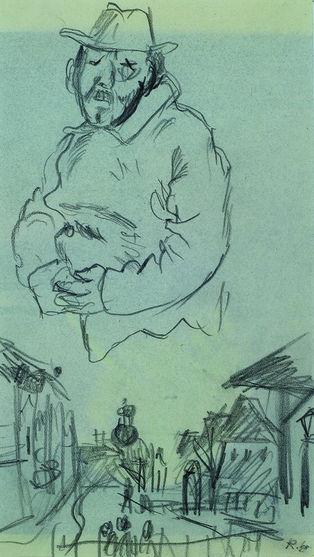 Karl Hubbuch, 1891-1979, Bleistiftzeichnung, Porträt u. Dorfszene, rechts unten monogrammiert, rückseitig Nachlass-Stempel, ca. 19.4x11.5 cm, unter ...