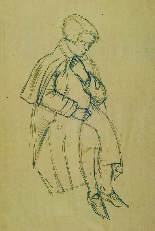 Karl Hubbuch, 1891-1979, Tuschezeichnung auf Papier, Model sitzend im Mantel (Marianne?), wohl 1928/1929, signiert, ca. 42.7x30 cm, unter Glas gerahmt