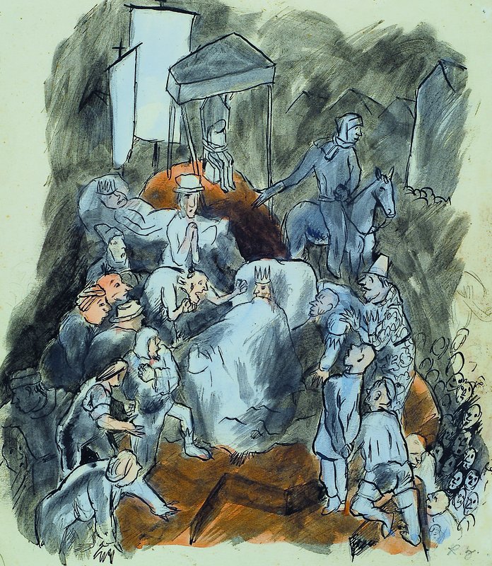 Karl Hubbuch, 1891-1979, Aquarell/Tusche auf Papier, Hamletszene, wohl 1914-18, unten rechts monogrammiert, rückseitig Tusche-/Bleistiftzeichnung ...