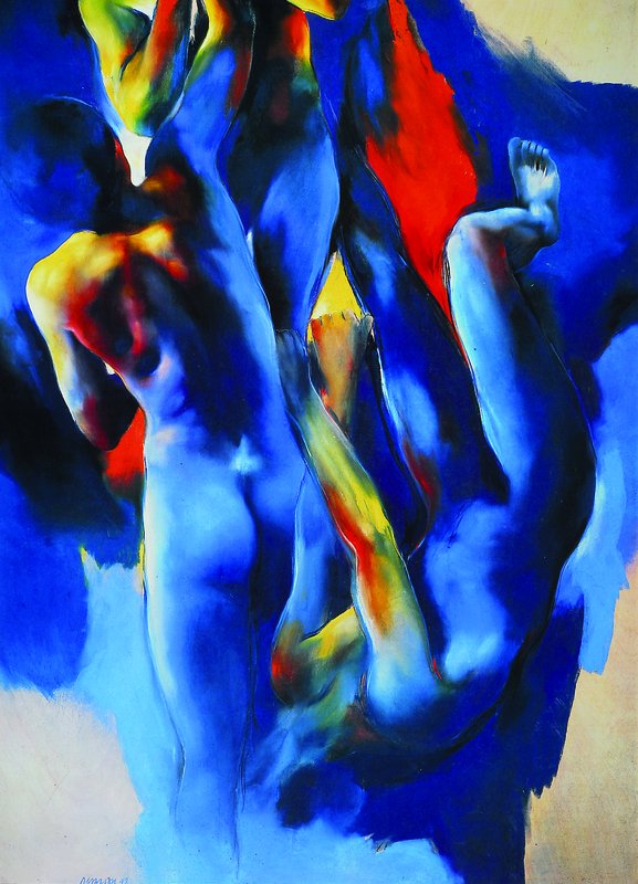 Dimont, zeitgenössischer Künstler, Körper in Bewegung, Acryl/Holz, links unten signiert und datiert 92, 95x70 cm, Rahmen