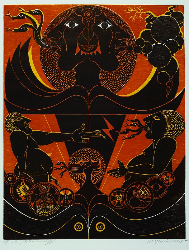 Manfred Degenhardt, geb. 1940, Farbholzschnitt, Narrenschiff, signiert und nummeriert 54/100, ca. 45x35 cm, Blattgr. ca. 75x53 cm, lt. Knicke