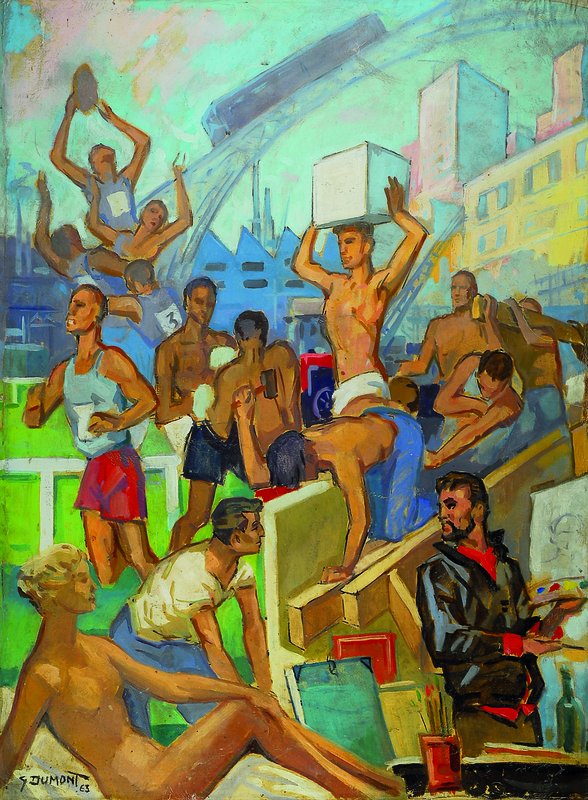G. Dumont, datiert (19)63, Künstler und Sportler, Öl/Lwd, links unten signiert, ca. 93x70cm, kleinere Farbschäden